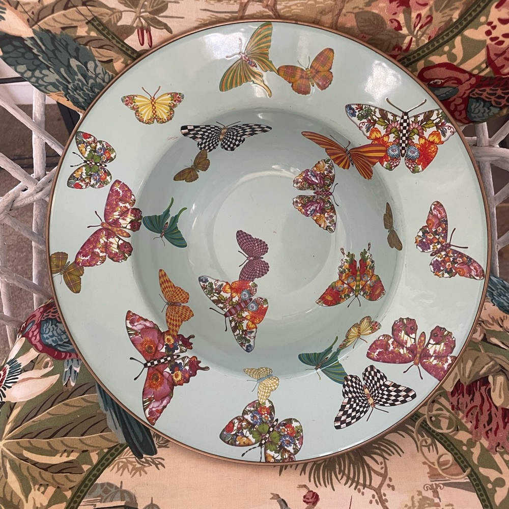 Mackenzie Childs enamel courtly check Blue Butterfly serving bowl